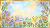 Whimsical garden border with colorful flowers, stars, sun, moon, and clouds on isolated white background. Perfect for children's designs, invitations, and craft projects.