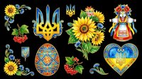 Ukrainian folk art clipart set with trident, sunflowers, embroidered doll, pysanka egg, and heart. Isolated on transparent background, ready for stickers, sublimation, and print on demand.