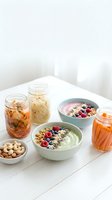 Healthy breakfast spread with smoothie bowls, overnight oats in jars, nuts and colorful toppings on white wooden table for nutritious morning meal prep.