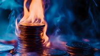 Stack of coins engulfed in bright orange flames against dark background with dramatic blue smoke, representing financial crisis, cryptocurrency volatility or money burning concept.