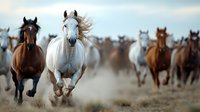 Wild horses galloping across dusty plains, white stallion leading herd of brown and gray horses running at full speed, manes flowing in wind, dramatic action scene.