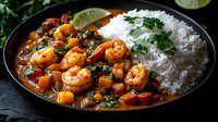 Spicy shrimp curry with mango chunks and steamed rice garnished with fresh cilantro and lime wedges, served in dark ceramic bowl on black surface.