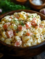 Creamy potato salad with diced ham, fresh dill and black pepper served in rustic wooden bowl, ready for summer picnics and barbecue gatherings.