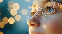 Close up profile of woman with glowing skin and bright blue eyes against blurred golden bokeh background, magical sparkles around eyes creating ethereal atmosphere.