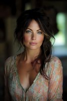Young woman with striking blue eyes and dark messy hair wearing floral boho style dress poses in soft natural lighting, creating romantic atmospheric portrait.