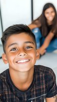 Young Hispanic boy with bright smile wearing plaid shirt, lying on floor at home with blurred female figure in background. Natural lighting creates warm atmosphere.