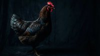Rooster with dark plumage and red comb standing against moody black background, suitable for farm, agriculture, poultry, and livestock photography needs.