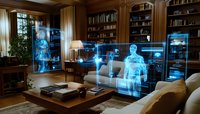 Futuristic home interior with holographic figures and digital displays in cozy library room featuring wooden panels, bookshelves and modern technology integration.
