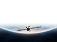 Satellite orbiting above Earth's horizon with solar panels extended, capturing sunrise over planet atmosphere in space. Suitable for technology, communications, and science projects.