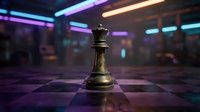 Golden chess king piece standing on chessboard with vibrant neon lights and futuristic cyberpunk atmosphere for strategic gaming concepts.