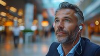 Confident mature businessman with gray hair and beard wearing wireless earphones looking up thoughtfully in modern office space with blurred bokeh background perfect for success concepts.