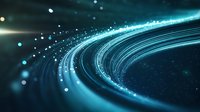 Glowing curved light trails with sparkling particles in deep blue space background create dynamic motion effect for technology and innovation concepts.
