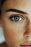 Close-up of bright green eye with natural freckles on fair skin, showing detailed iris pattern and long eyelashes against soft natural lighting.