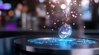 Futuristic holographic projection with glowing blue particles floating above reflective surface creates magical sci-fi atmosphere against dark background with bokeh lights.