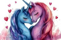Romantic unicorn couple in blue and pink with flowing manes touching foreheads tenderly against watercolor background with floating hearts, magical fantasy artwork.