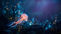 Glowing jellyfish floating in deep blue ocean water with bokeh lights and coral silhouettes creating magical underwater marine scene for nature photography.