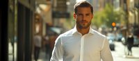 Confident young Caucasian businessman in white shirt walking on urban street with natural lighting and bokeh background, professional lifestyle portrait.