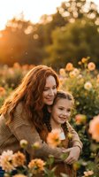 Happy Caucasian mother with curly red hair embracing young daughter in flower garden during golden hour sunset with warm bokeh lighting and blooming flowers.