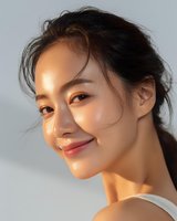 Young Asian woman with glowing natural makeup and dewy skin smiling at camera in warm sunlight, wearing white top against light background.
