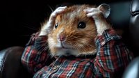 Adorable brown hamster wearing red plaid shirt sitting in car seat, close up portrait of small pet with fluffy cheeks and bright eyes looking at camera.