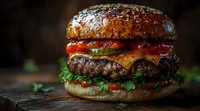 Juicy beef burger with melted cheese, fresh vegetables and sesame bun on rustic wooden background. Close up view of gourmet hamburger with lettuce and tomatoes.