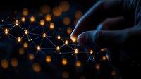 Glowing network nodes connected by light lines against dark background with human hand touching digital connection points. Technology concept.