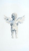 Watercolor angel cherub with wings in soft blue and gray tones on white background for spiritual and religious designs.