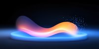 Abstract glowing wave form with orange and pink gradient floating over blue light effect against dark background, dynamic flowing energy design element.