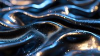 Shimmering dark waves with golden light reflections create mesmerizing abstract pattern. Glowing particles and bokeh effects add magical atmosphere. Suitable for luxury backgrounds.