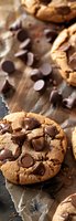 Fresh baked chocolate chip cookies with melted dark chocolate morsels scattered on rustic surface, macro close-up showing texture and gooey chocolate details.