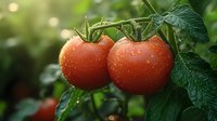 Fresh ripe tomatoes with water drops on vine, green leaves in garden. Natural organic produce growing outdoors in morning sunlight.