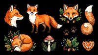 Isolated fox character collection with resting pose, standing pose, head portrait, tail detail, paw prints, sleeping pose, mushroom, foliage, berries, and heart shape on transparent background. Ready for t-shirt design, clipart, stickers, sublimation, and print-on-demand projects.