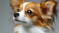 Adorable long-haired Chihuahua dog with fluffy orange and white fur looking sideways on gray background. Small breed pet portrait for veterinary care.