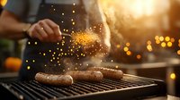 Seasoning sprinkled over sausages on barbecue grill with dramatic smoke and golden sunset bokeh lights creating atmospheric outdoor cooking scene.