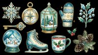 Vintage winter holiday decorative elements collection featuring snowflake, compass, snow globe, ice skate, botanical leaf, key, snow globe scene, mitten, holly berries, mug, and pine cones isolated on transparent background. Ready for t-shirts, stickers, clipart, sublimation, and print-on-demand designs.