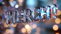 Shiny silver balloon letters spelling MERCI against blurred bokeh lights background, creating festive thank you message for celebrations.