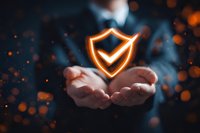 Businessman holding glowing shield with checkmark symbol representing cybersecurity, data protection, and digital safety in corporate environment.