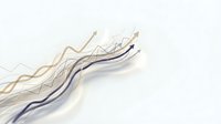 Flowing abstract lines in gold, silver, and navy blue curves upward on white background, representing growth, progress, and financial success for business presentations and marketing materials.