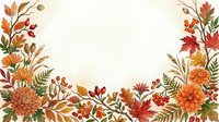 Watercolor autumn floral frame with orange chrysanthemums, red berries, maple leaves, and wild herbs on a light background with copy space.