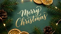 Merry Christmas gold calligraphy on green background with pine branches, cones, dried orange slices, and fairy lights for holiday greeting cards.