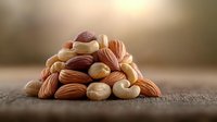 Fresh raw almonds and cashews arranged in pile on rustic wooden surface with soft natural lighting and shallow depth of field, highlighting nutritious snack options.