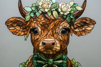 Young brown calf wearing floral crown with white roses and green leaves, decorated with emerald bow tie against gray background, stained glass style artwork.