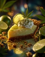 Creamy key lime pie slice with whipped topping, garnished with cannabis leaf and fresh lime slices on crumbly graham cracker crust.