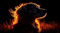 Dramatic silhouette of dog profile against sunset light creating glowing orange outline effect around fur and ears, black background highlights majestic pose.