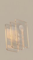 Transparent glass mobile phone mockups with golden edges arranged in overlapping perspective, displaying user interface elements and camera details on neutral beige background for app design presentation.
