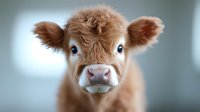 Young brown Highland calf with big blue eyes and fluffy fur looking directly at camera against blurred background, close-up portrait showing innocent expression.