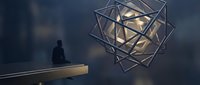 Man in dark clothing standing on wooden plank facing geometric wireframe sphere floating in misty atmosphere, surreal conceptual scene for creative projects.