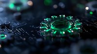 Glowing green circular tech element on dark circuit board with shallow depth of field creates futuristic cyberpunk atmosphere for technology concepts.