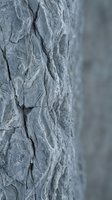 Detailed close-up of weathered gray rock surface showing natural cracks, fissures and layered sedimentary formations with shallow depth of field.