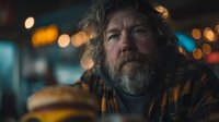 Mature bearded man with weathered face and gray hair in warm lighting with bokeh background. Portrait of middle-aged Caucasian male with contemplative expression.